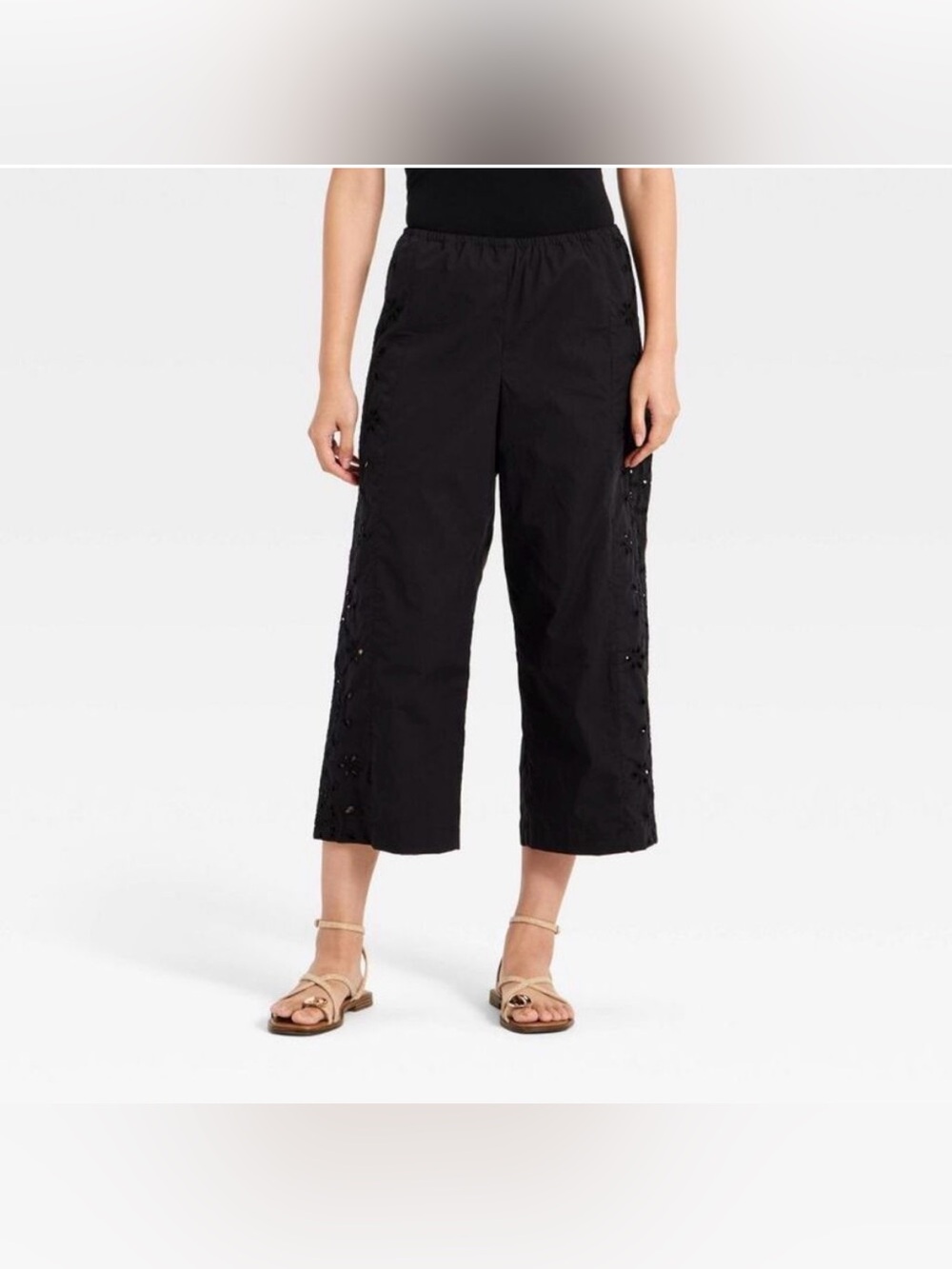 NWT A New Day Cropped Straight Leg Eyelet Pull-On Pants XL Black Boho Coastal